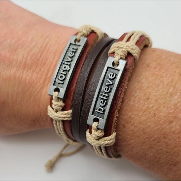 Lot of  3 Leather bracelets,  Forgiven, Believe, adjustable, Unisex - Picture 3 of 5